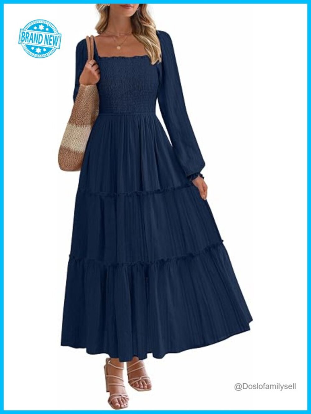 Spring Casual Long Sleeve Smocked Ruffle Flowy Elegant Wedding Guest Maxi Dress